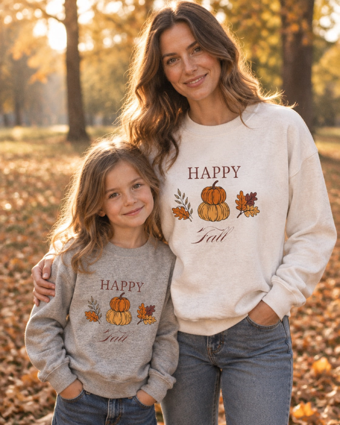 Adult and child in matching crewnecks