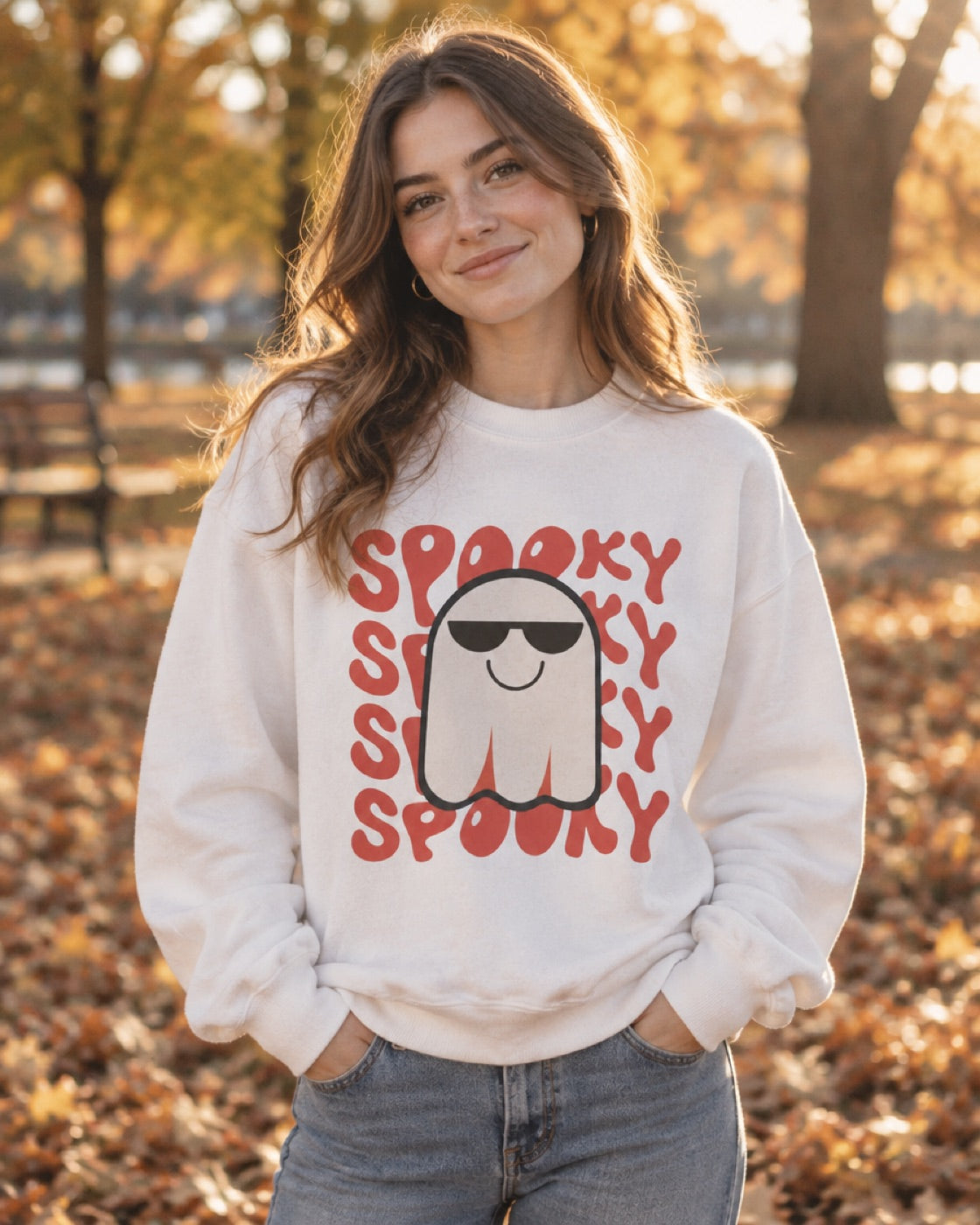 Wearing the Spooky ghost crewneck on an autumn afternoon